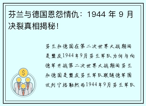 芬兰与德国恩怨情仇：1944 年 9 月决裂真相揭秘！