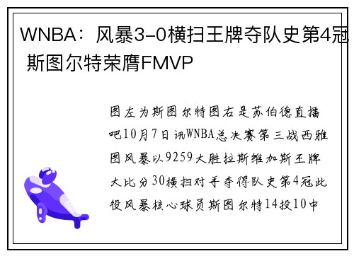 WNBA：风暴3-0横扫王牌夺队史第4冠 斯图尔特荣膺FMVP